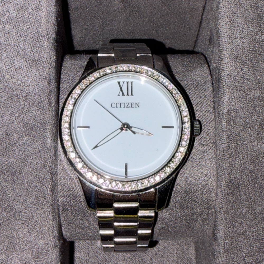 NEW Citizen Silver-Tone Watch with White Dial and Crystal Bezel